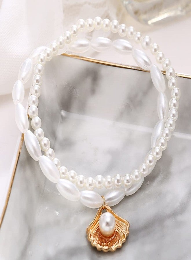 GUAFEIH Shell Anklets Set Pearl Layered Ankle Bracelet Elastic Beach Foot Chain Jewelry for Women - Image 5
